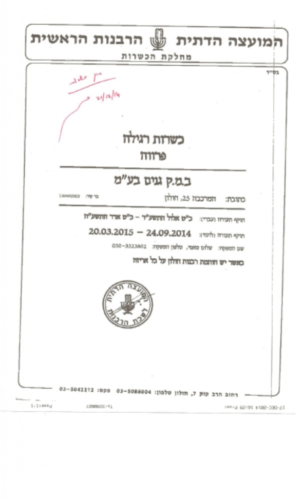 תעודת כשרות- רבנות חולון